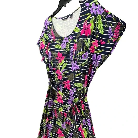 Lands End Floral Stripe T Shirt Dress Womens XL Navy Tropical Belted Modest - Picture 4 of 16